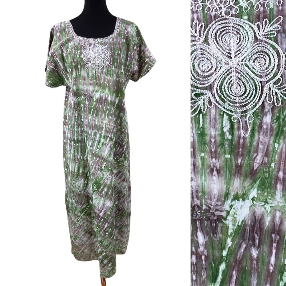 Tie Dye Bohemian Embroidered Cotton Caftan Mumu Maxi Dress Size M/L